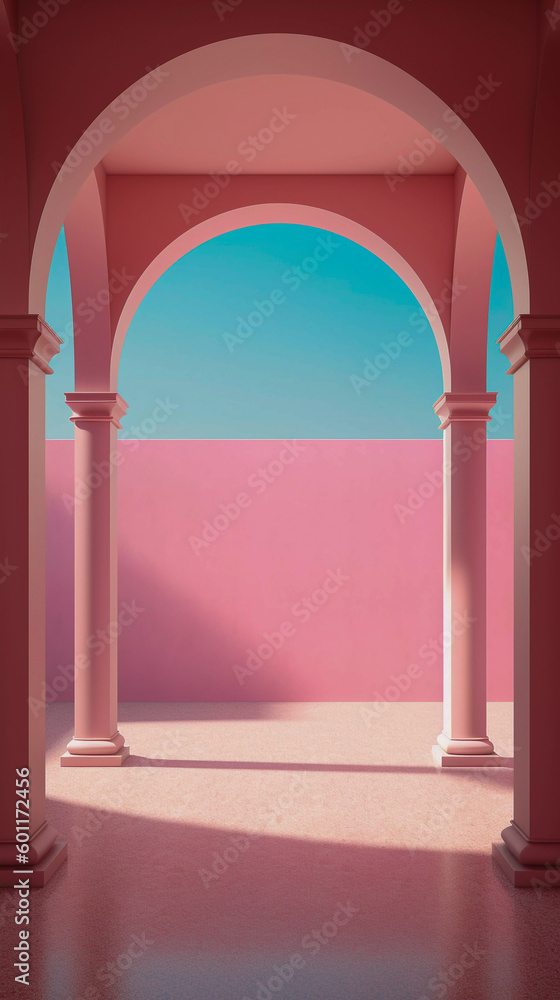 Minimalistic arches, architectonic motifs, pink pastel colors illustration, Generative AI