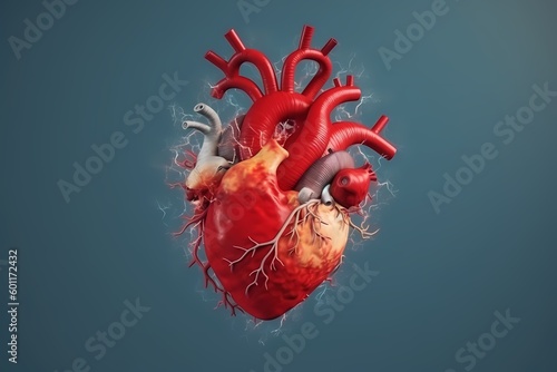 Anatomy of Human Heart on medical background. 3d render. Generative Ai. photo