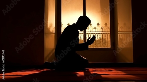 Muslim guy in silhouette offering prayer. GENERATE AI