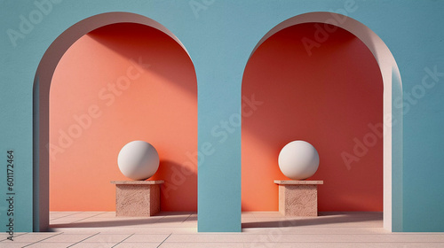 Minimalistic arches, architectonic motifs, pink pastel colors illustration, Generative AI