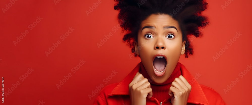 Portrait of excited overjoyed and shocked young black woman. Unbelievable. Looking at camera and spreading hands. Isolated on background. Advertising. Generative Ai. Portrait of excited overjoyed and shocked young black woman. Unbelievable. Looking at camera and spreading hands. Isolated on background. Advertising. Generative Ai.