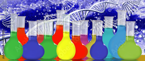 row of flasks filled with various contents painted in different colors against the background of abstract stylized DNA chains