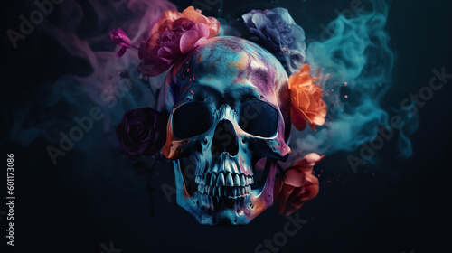 A skull with sunglasses and flowers on its head. Generative AI.