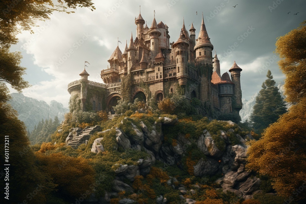 Illustration of a fairy tale castle on a hill. Ideal for children's stories. Generative AI
