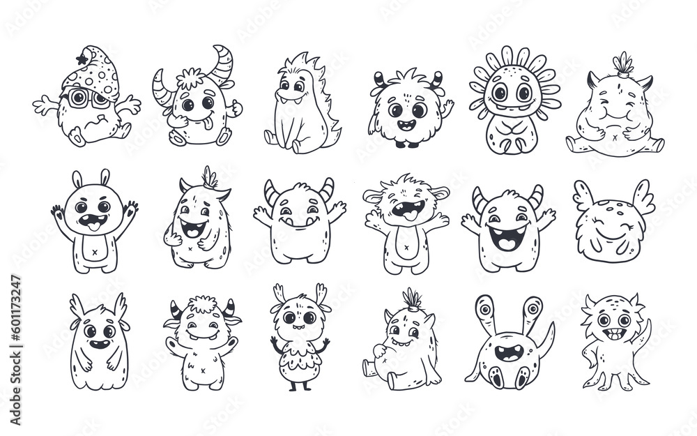 Obraz premium Big set of cartoon monsters. Cute monsters doodle. Kids funny character design for posters, cards, magazins. Line. 