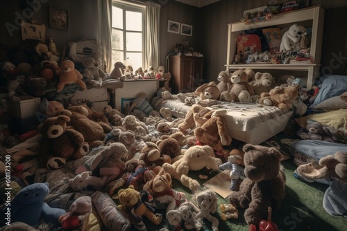 A messy child's room full of stuffed animals. Generative AI