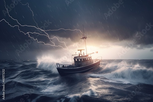A tiny boat battles through a thunderstorm with lightning bolts on the open sea. Generative AI