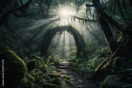 Majestic woods with an ethereal trail extending towards a luminous portal. Generative AI