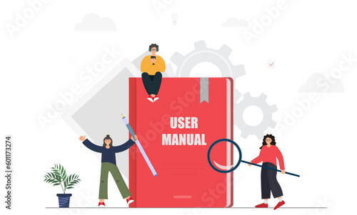 Happy tiny people standing near user manual book, guide instruction or textbooks with magnifying glass, specifications user guidance document, flat vector illustration