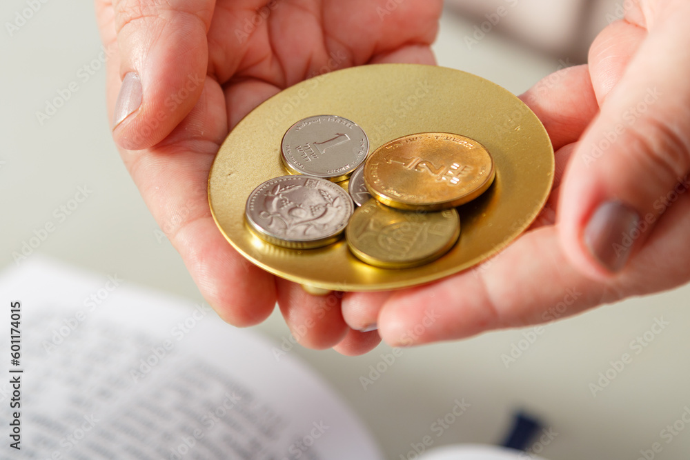 Fototapeta premium A Jewish woman performs pre-wedding rituals with silver shekels for a secure life.
