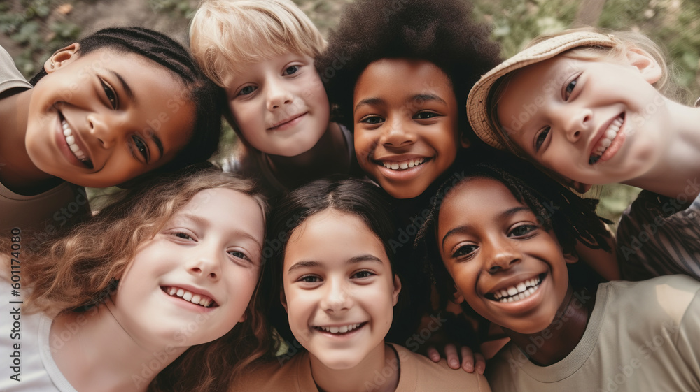 Fototapeta premium Happy Multiethnic Kids Group Playing and Smiling Outdoors, Friendship Summer Holidays and Weekend. Joyful Children Huddling in a Circle, Supporting Each Other and Enjoying Childhood Fun. Generative ai