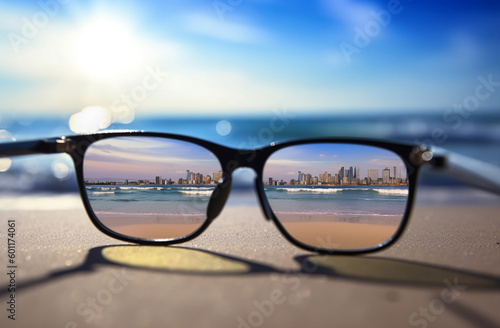 Brille auf dem Boden eines Strandes auf einer Traum-Insel im Sommer - Urlaub - Ferien - KI /AI generiert 