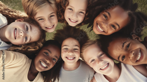 Happy Multiethnic Kids Group Playing and Smiling Outdoors  Friendship Summer Holidays and Weekend. Joyful Children Huddling in a Circle  Supporting Each Other and Enjoying Childhood Fun. Generative ai