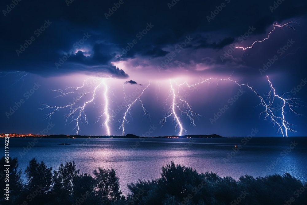 A visually stunning thunderstorm illuminated the night sky with bright lightning bolts. Generative AI