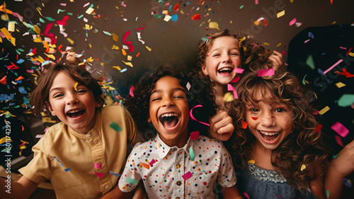 Group of Children Friends. Happy multicultural kids having fun celebrating birthday party together with confetti. Children's birthday concept. Generative ai