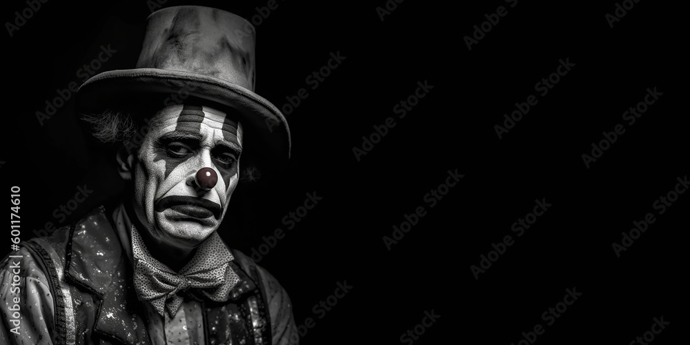 Fototapeta premium Black and white photorealistic studio portrait of a sad clown on black background. Generative AI illustration