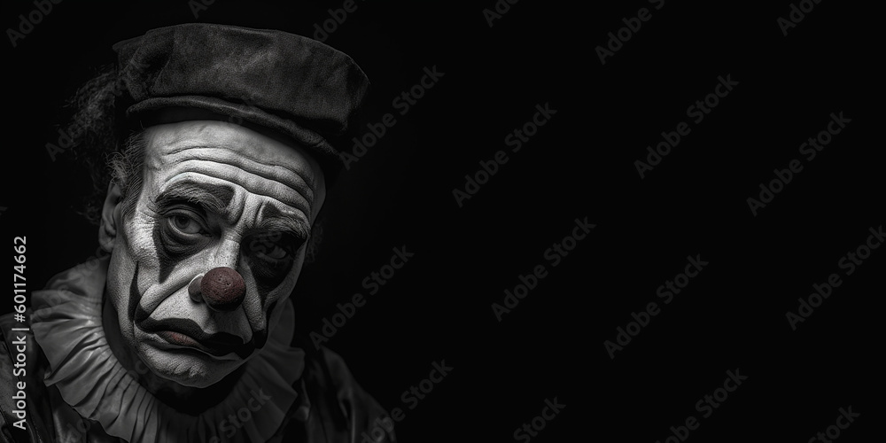 Black and white photorealistic studio portrait of a sad clown on black background. Generative AI illustration Black and white photorealistic studio portrait of a sad clown on black background. Generative AI illustration
