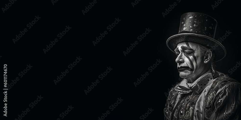 Obraz premium Black and white photorealistic studio portrait of a sad clown on black background. Generative AI illustration