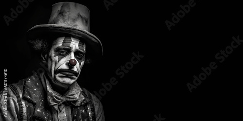 Black and white photorealistic studio portrait of a sad clown on black background. Generative AI illustration