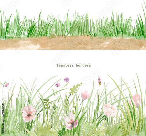 Vector watercolor of green seamless grass, grass border, hand drawn grass borderline illustration, isolated on white background, landscape plan, seamless border with green grass and wildflowers.