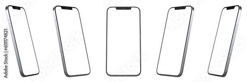 Smartphones with transparent screens positioned diagonally at different angles. Realistic rendering.