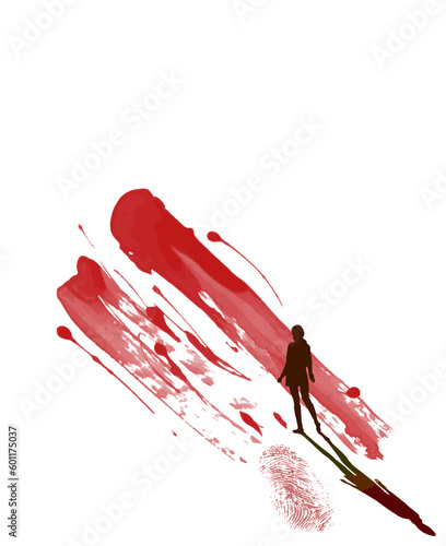 A silhouetted girl and shadow are seen with a bloody fingerprint and blood spatter in a vector\ illustration about blood evidence at a crime scene.