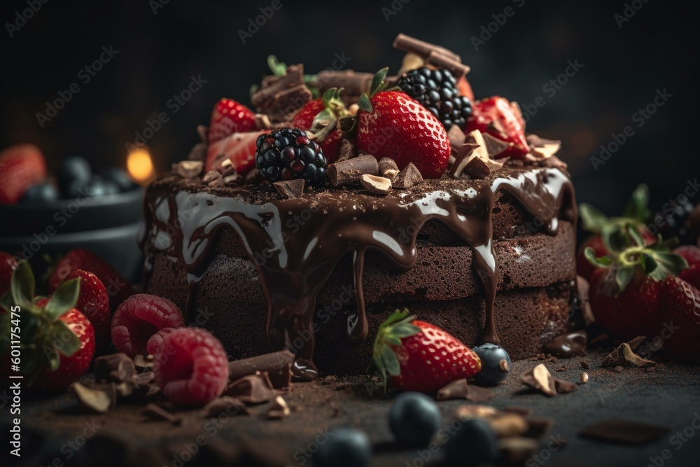 Close-up of festive chocolate cake with strawberries. Artfully crafted. Generative AI