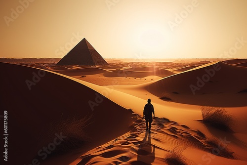 Expedition in desert. Egypt Saara. Generative AI. Pyramids, camels, walking in dunes. Sun, golden hour in desert.  photo
