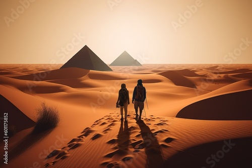 Expedition in desert. Egypt Saara. Generative AI. Pyramids  camels  walking in dunes. Sun  golden hour in desert. 