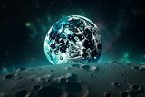 A turquoise lunar background with full moon and stars in view from space. Generative AI