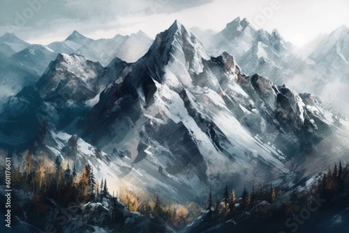 Watercolor styled mountains. Generative AI