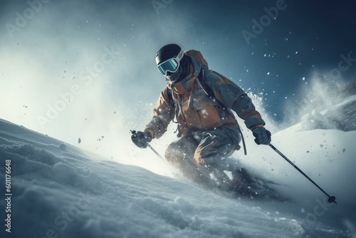 Illustration of a skier gliding through the snow. Generative AI