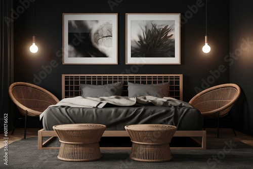 Mockup poster frame in dark bedroom with rattan furniture. 3D rendered. Generative AI