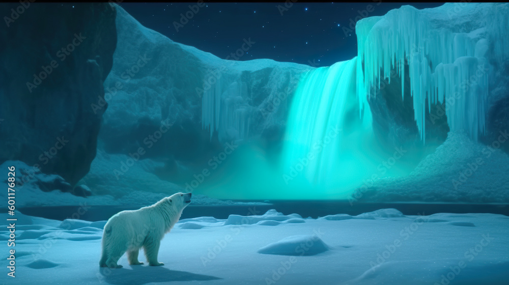 Polar bear in front of frozen waterfall with vibrant illumination by polar lights, aurora borealis. generative AI illustration of monochromatic polar landscape, cyan tint