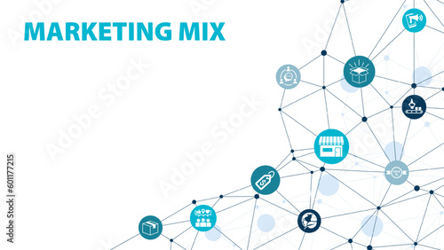 Marketing mix banner web icon for business and marketing, price, place, promotion, product, people and physical environment. Minimal vector infographic.