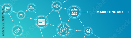 Marketing mix banner web icon for business and marketing, price, place, promotion, product, people and physical environment. Minimal vector infographic.