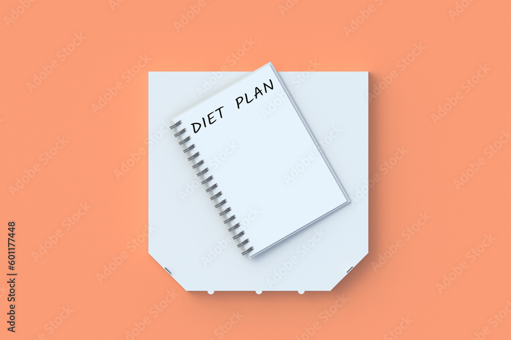 Inscription diet plan on notepad near pizza box. Healthy eating. Calorie control. Nutritionist consultation. Meal schedule. Slimming concept. Top view. 3d render slimming Inscription diet plan on notepad near pizza box. Healthy eating. Calorie control. Nutritionist consultation. Meal schedule. Slimming concept. Top view. 3d render slimming