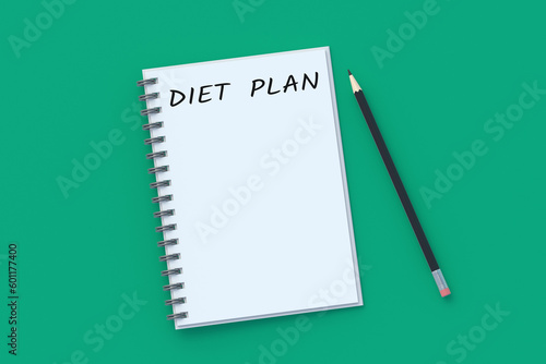Inscription diet plan on notepad near pencil. Healthy eating. Calorie control. Nutritionist consultation. Meal schedule. Slimming concept. Top view. 3d render slimming
