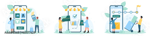 Online orders and delivery set vector illustration. Cartoon tiny people buy with mobile app in phone, holding credit card to pay for purchases, customers monitor shipping of box in timeline system