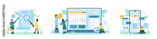 Planning goals in mobile apps, time management set vector illustration. Cartoon tiny people work with magnifying glass and to do list in online task planner, check business event in timetable
