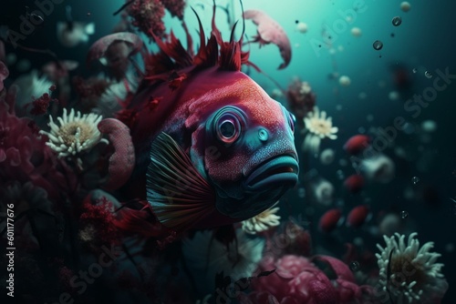 A fish in ocean with anemones scattered  one at the bottom. Generative AI