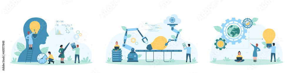 Project development set vector illustration. Cartoon tiny people repair light bulb inside human head, work together with robots to design lamp on conveyor line, develop connection to gears system - obrazy, fototapety, plakaty 