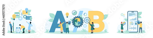 Project management set vector illustration. Cartoon tiny people make best choice and choose between A and B options, process of results comparison with software in phone, gears and light bulb methods