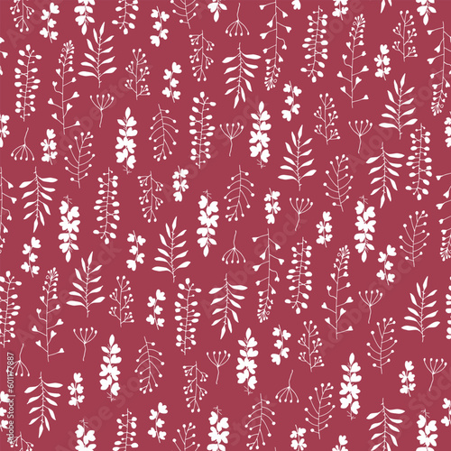 Seamless texture for your design. White grass and leaves on red background. Illustration can be used for templates, wallpaper.