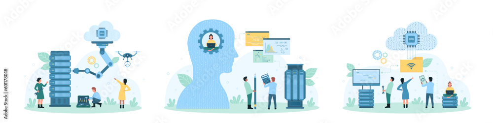 Online cloud service set vector illustration. Cartoon tiny people control server hardware with robot arm and drone, work with AI brain, machines and wireless connection to download data files - obrazy, fototapety, plakaty 