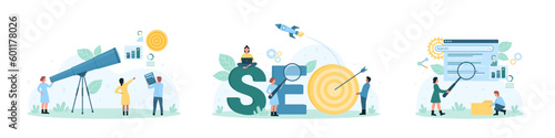 SEO service set vector illustration. Cartoon tiny people search marketing information, analyze algorithms and statistic data with magnifying glass and telescope, launch rocket project near SEO word