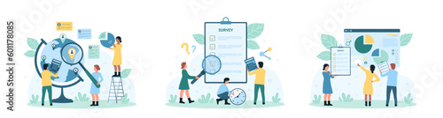 Sociology set vector illustration. Cartoon tiny people look through magnifying glass at survey results, sociologists research society, analyze charts of sociological report and location on globe