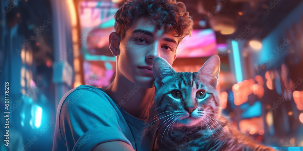 Insta young man Influencers with cat. Generative AI
