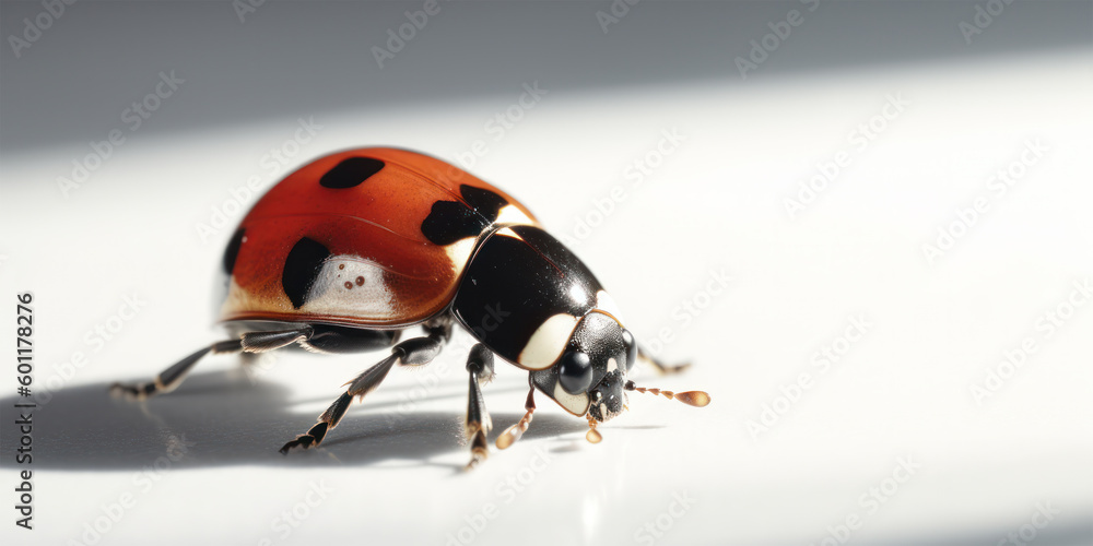 Fototapeta premium Cute shiny ladybug on white background with copy space for text. Generative AI