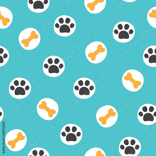 Pet paw footprint seamless pattern. Dog paw print and bone on blue background. Vector illustration. It can be used for wallpapers  wrapping  cards  patterns for clothes and other.
